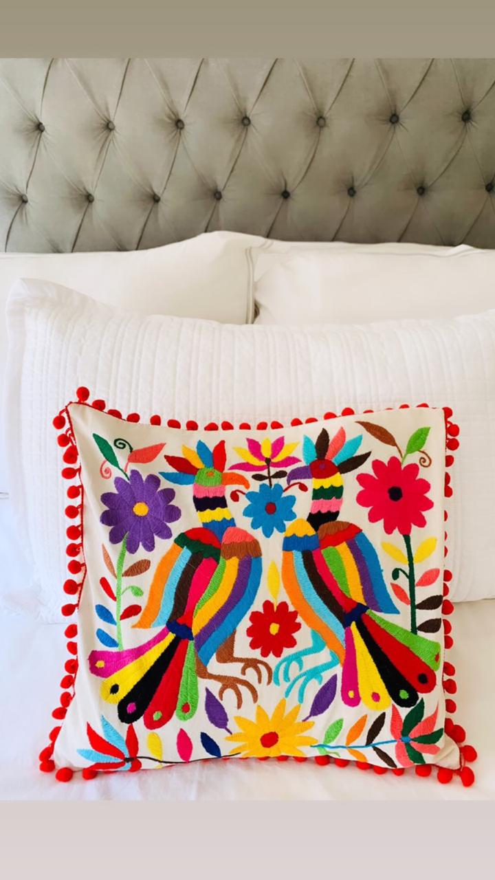 Multicolor Square Tenango de Doria Cushion with Pom Poms