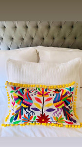 Multicolor Rectangular Tenango de Doria Cushion with Pom Poms