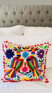 Multicolor Square Tenango de Doria Cushion with Pom Poms