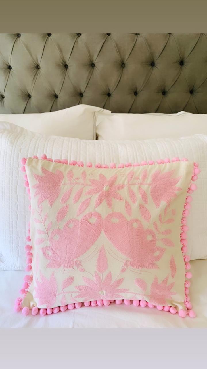 Pink Square Tenango de Doria Cushion with Pom Poms