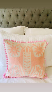 Pink Square Tenango de Doria Cushion with Pom Poms