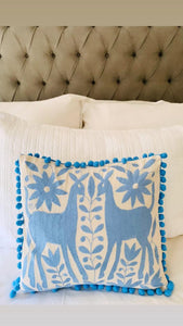 Blue Square Tenango de Doria Cushion with Pom Poms