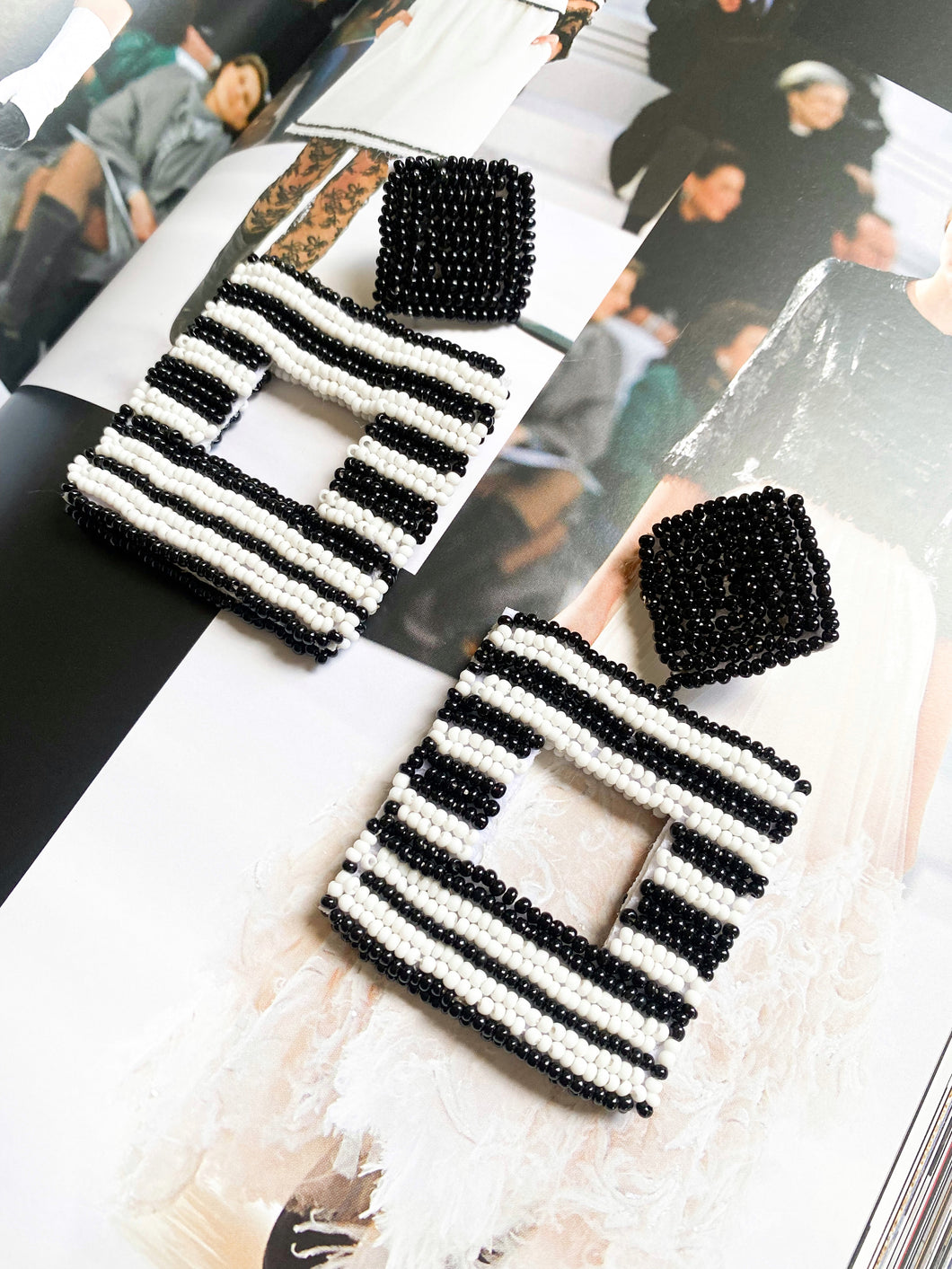 Beaded Black/White Geometric Earrings